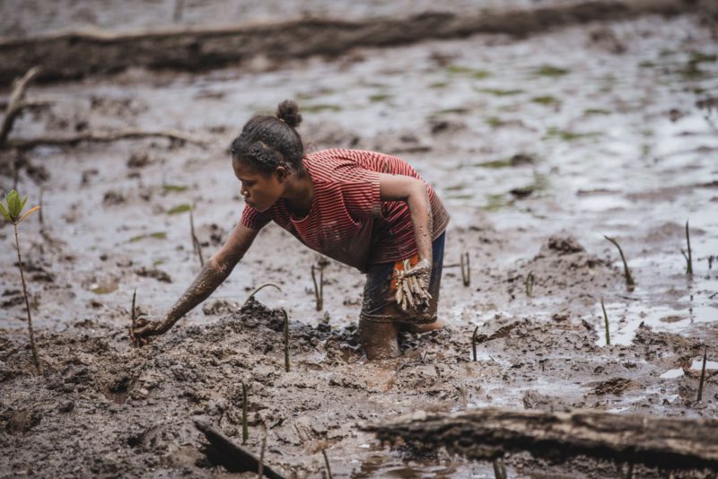 woman planting in mud